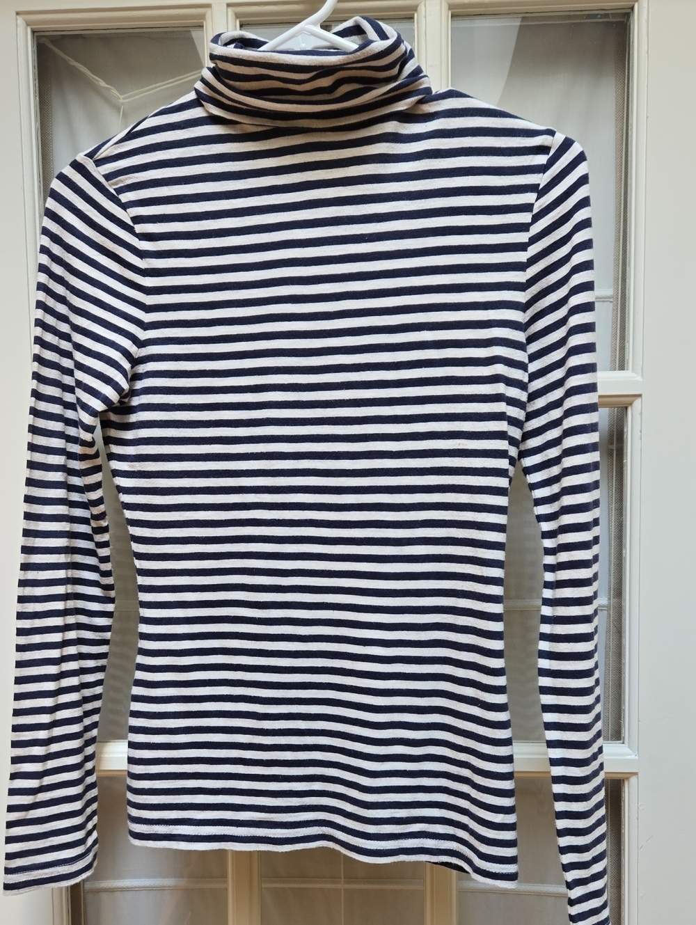 Garnet Hill Navy and White Striped Turtleneck Long-Sleeve Top